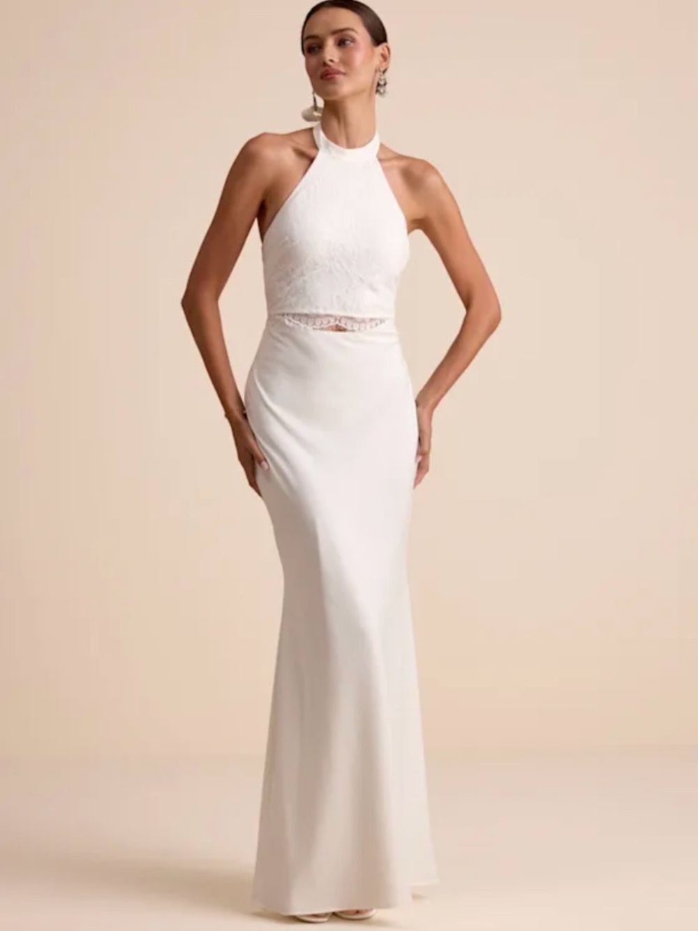 Lulu's White Halter Lace-Bodice Maxi Gown